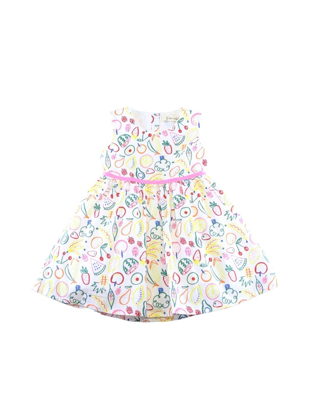 Doe A Dear Girls White Fruit-Print Summer Dress with Pink Waist Trim